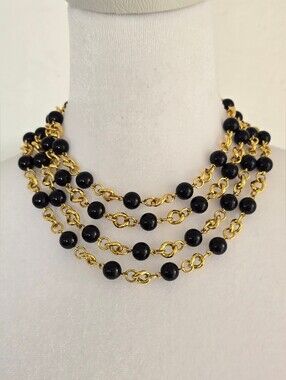 Gold Chain and Black Bead Multi-Strand Necklace